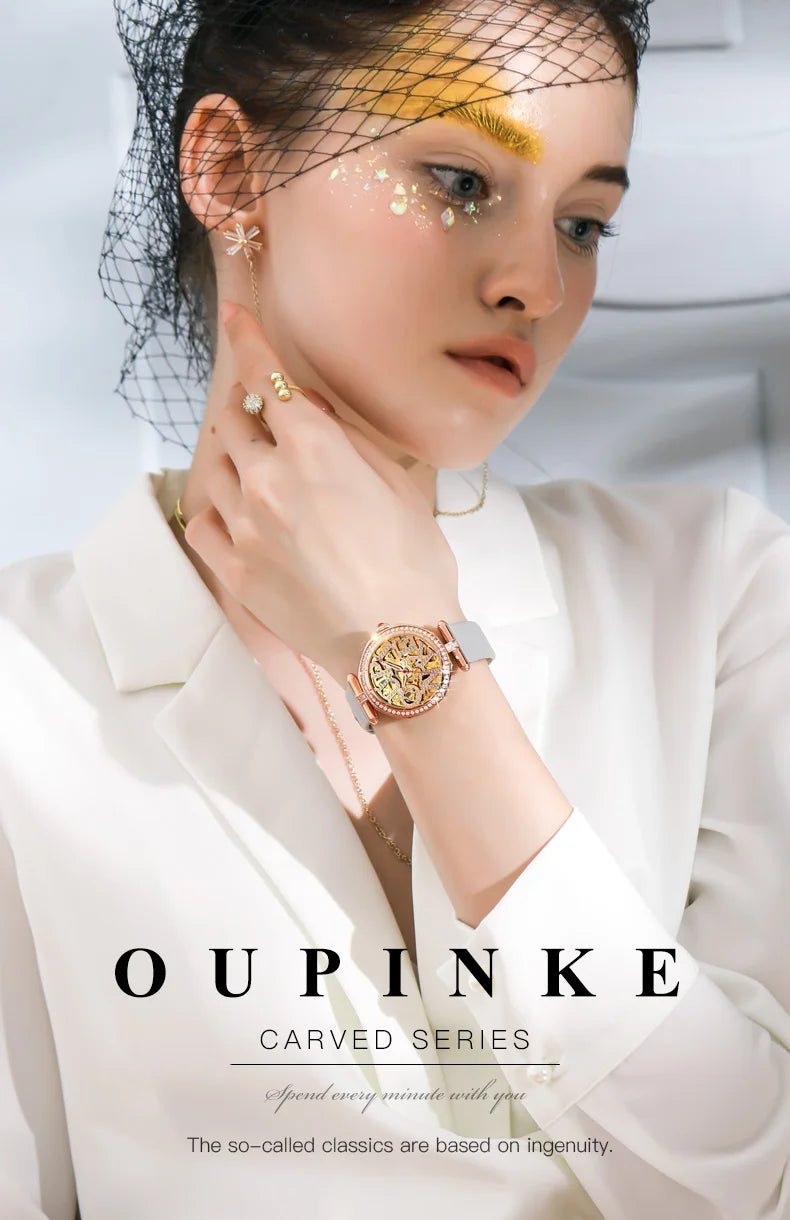 OUPINKE 3175 Women Watches Luxury Elegant Skeleton Automatic Mechanical Watches For Woman 50M Waterproof Bracelet Necklace Set