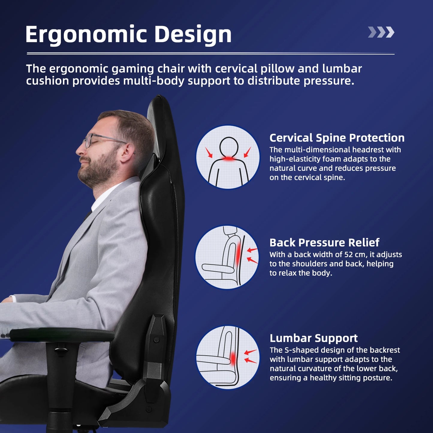 AUTHMIC Ergonomic Gaming Chair with Lumbar Support, Adjustable Armrest, Reclining Office Chair, 150kg Heavy Duty Gamer Chair for Home & Work