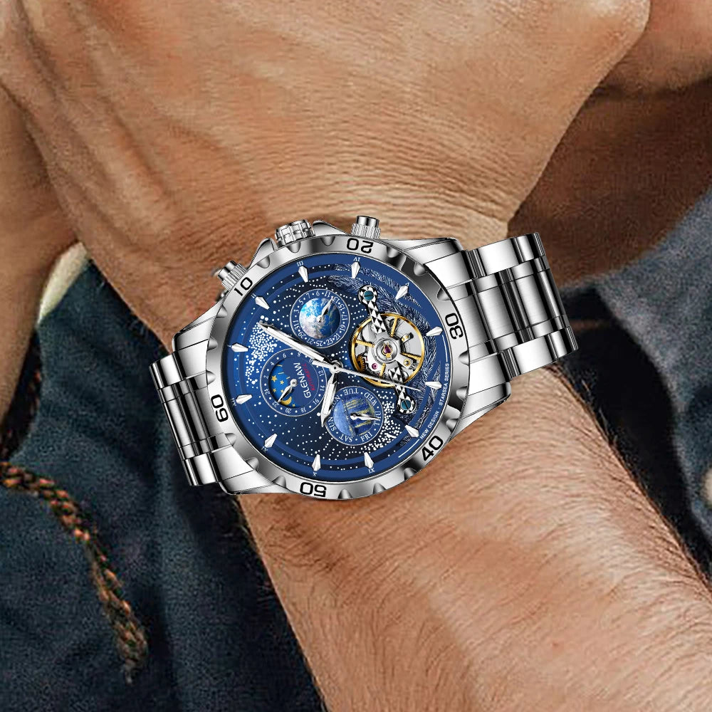 Relojes para hombre GLENAW Design, marca líder de lujo, moda y negocios, reloj automático impermeable para hombre, reloj mecánico para hombre