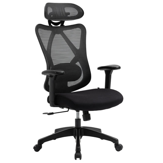 Vinsetto Ergonomic Swivel Office Chair with Adjustable Headrest, 2D Armrests, Lumbar Support, Height Adjustable Mesh Office Chair, Black