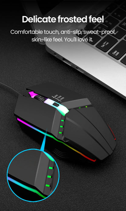 Ratón gaming USB con cable RGB retroiluminado, botón de silencio, LED luminoso y 1600DPI para PC de escritorio, portátil, ordenador, hogar y oficina