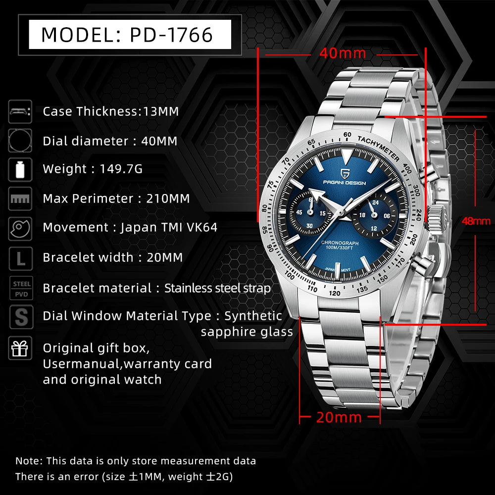 PAGANI DESIGN 2024 New Wide Arrow Moon Men's Watches Luxury Quartz Watch For Men Sport Retro Chronograph VK64 AR Sapphire Glass