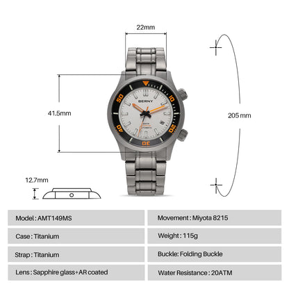 BERNY Automatic Full Titanium Diver Watch For Men Supper Luminous Sappire AR Coated Miyota 8215 Dual Crown Mechanical Dive Watch