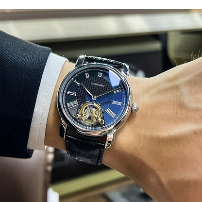 Avtomatska mehanska ura za moške – eleganten skeletni dizajn, trendovski »business casual« stil, ohišje iz zlitine in usnjeni pas, brez baterije