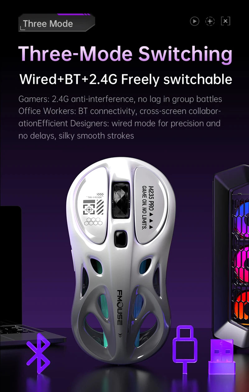 Draadloze 2.4G tri-mode RGB-gamingmuis met hol, lichtgewicht ontwerp, Chroma-verlichting, bekabeld, Bluetooth, e-sports muiscontroller