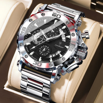 Orologio da uomo di lusso POEDAGAR, luminescente, impermeabile, cronografo, datario, acciaio inossidabile, al quarzo, Reloj