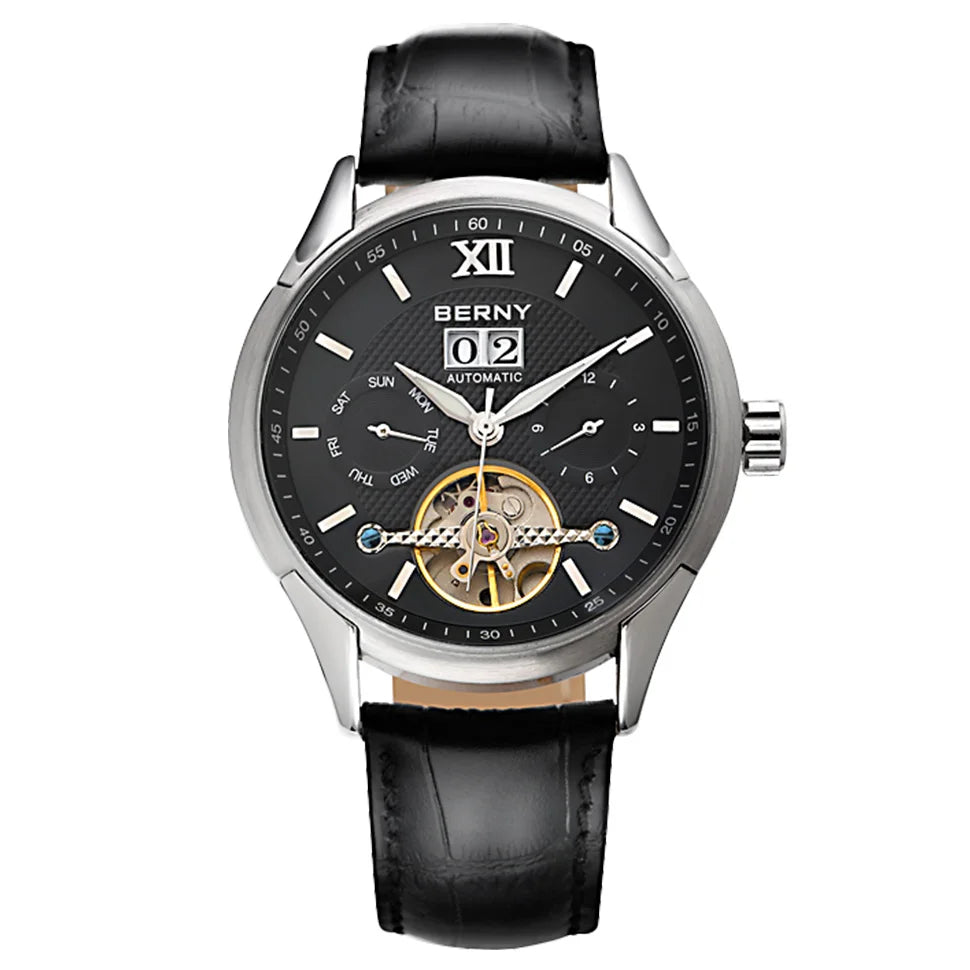 BERNY Automatic Watch for Men Auto Self-wind Mechanical Watches Date Skeleton 5ATM Luxury Male Wristwatches