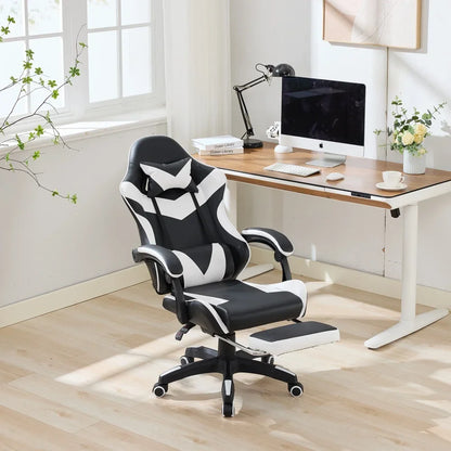 360° Swivel Ergonomic Racing Design Gaming Chair Leather High Back Office Chair Height Adjustable Task Chair, Black & White