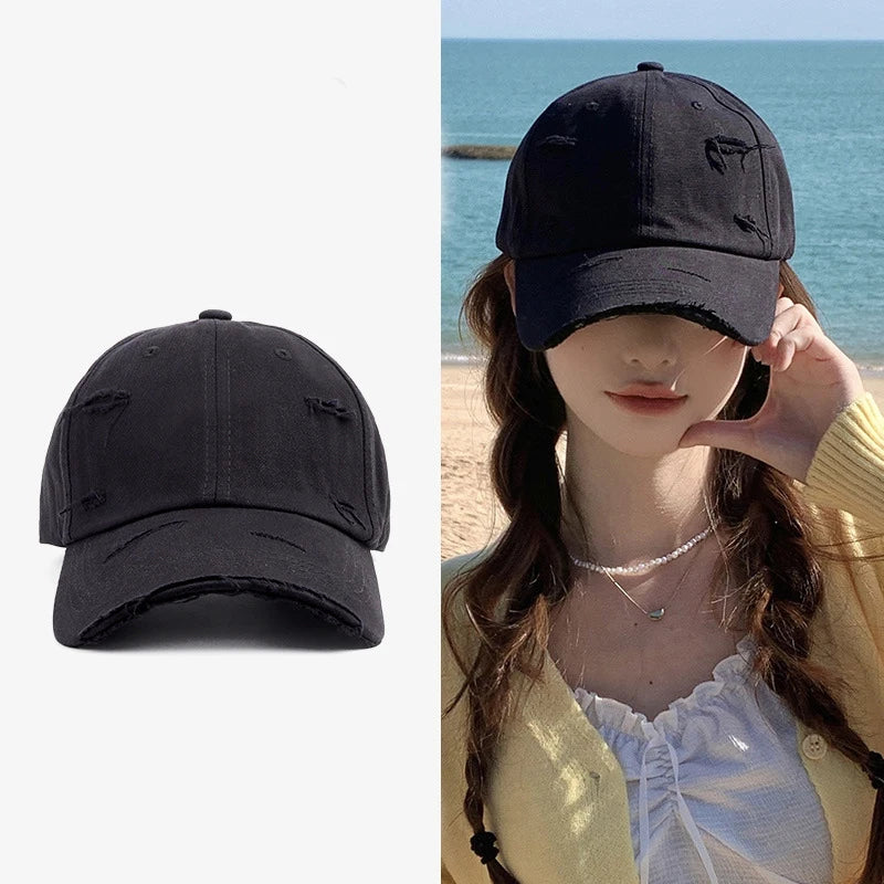 Casquette hip-hop polyvalente pour homme et femme, nouvelle collection printemps-été, à visière incurvée, style rétro, effet usé, avec trou et bord en bec de canard