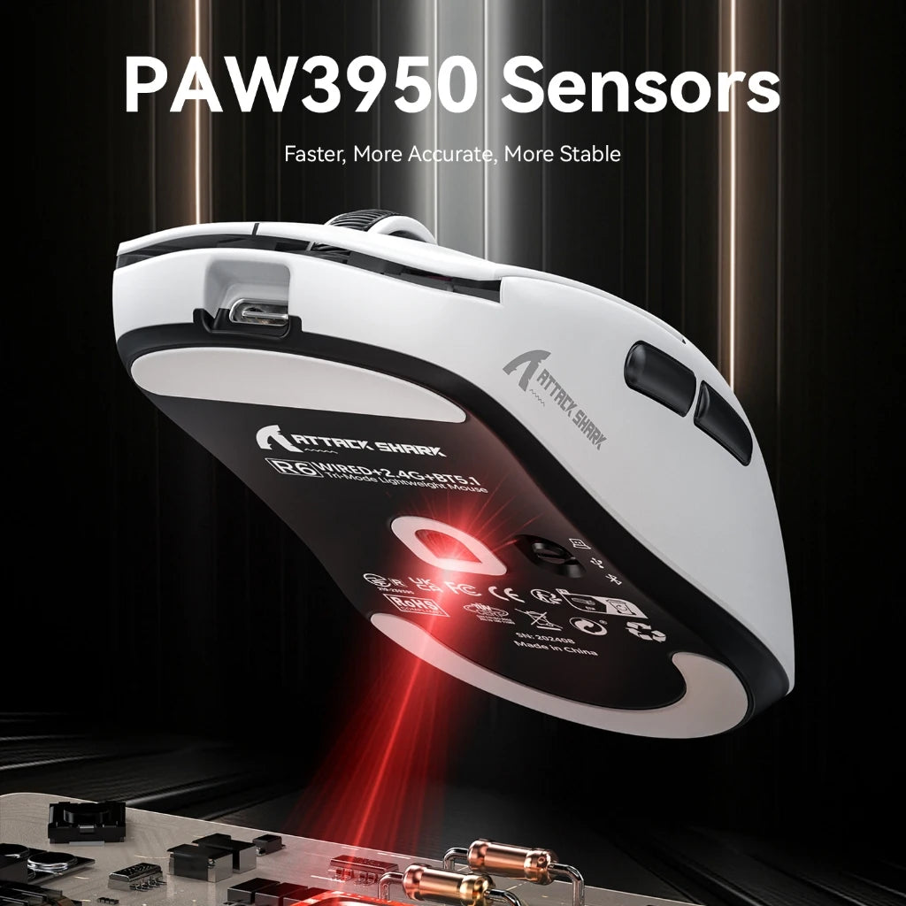 Attack Shark R6 Gaming-Maus 38g ultraleicht, PAW3950 8K Rückmelderate kabellos, Nordic 52840, 24000DPI, Tri-Mode