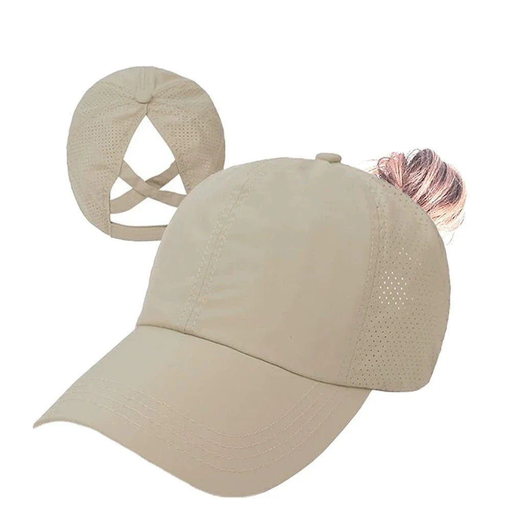 Women Summer Quick Dry Mesh Baseball Cap Solid Color Cross Ponytail Hat Athleisure