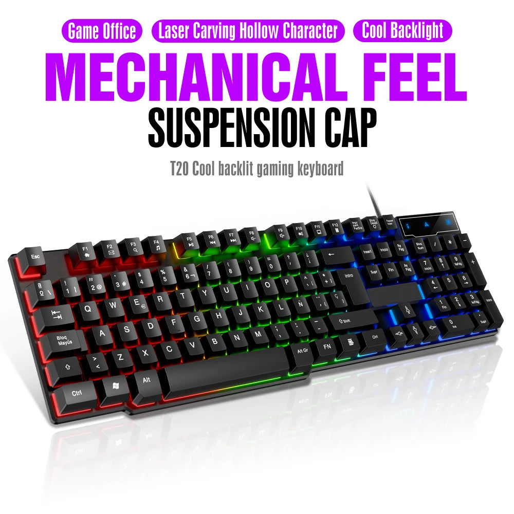 T20 Wired Keyboard Computer Accessories Russian Spanish Keyboard USB Game RGB Backlit Mechanical Touch Keycap Standard 104 Keys