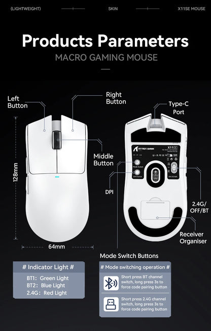 Ratón gaming ATTACK SHARK X11 y ratón inalámbrico X11 SE 22000 DPI, sensor PAW3311, BT/2.4G/con cable, ligero de 59g, 2000W clics