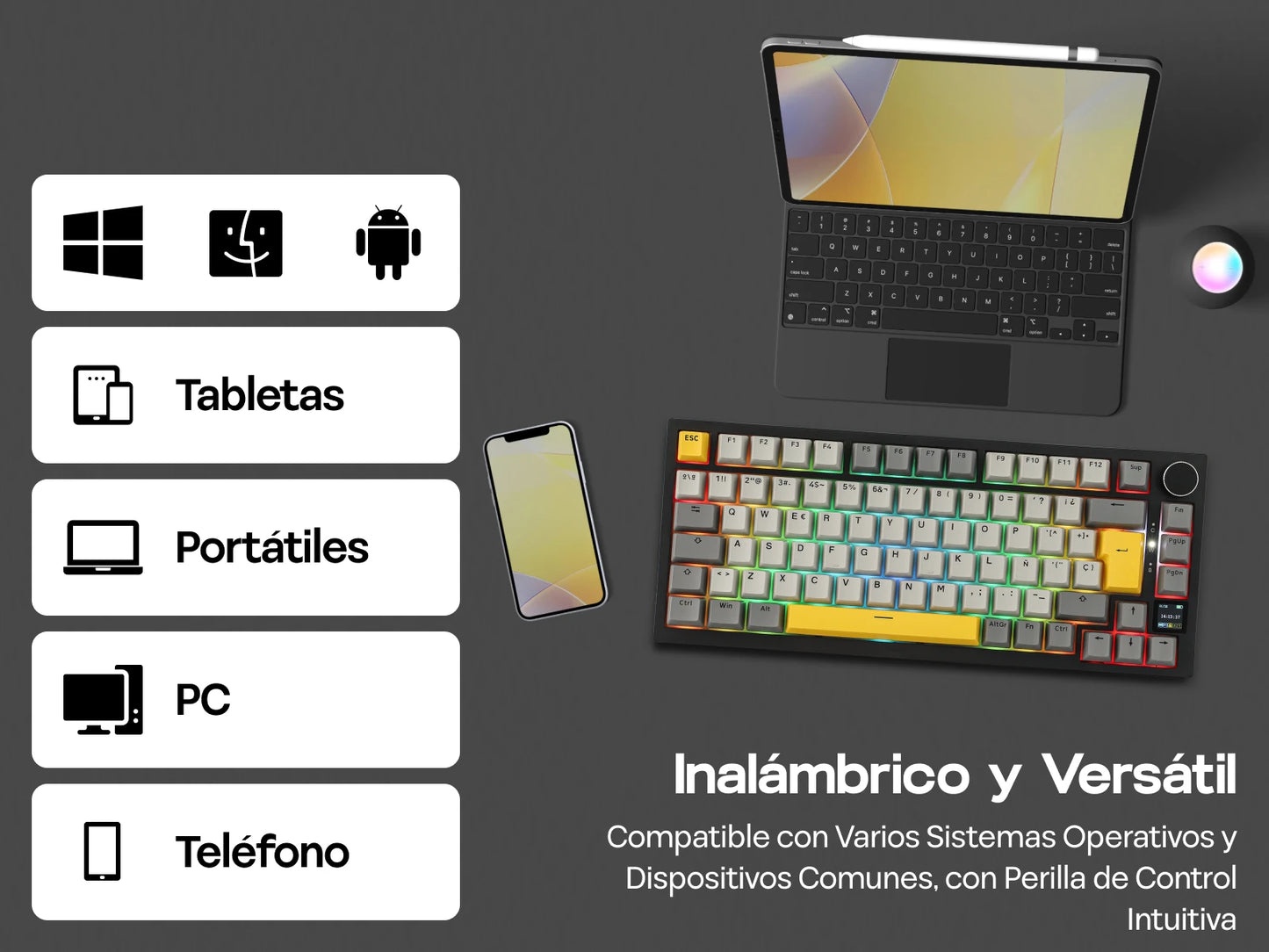 ISO-ES Layout EPOMAKER X AJAZZ AK820 PRO 75% Spanish Layout Wired/2.4GHz/BT Mechanical Keyboard with Screen & Knob for Pc/Mac