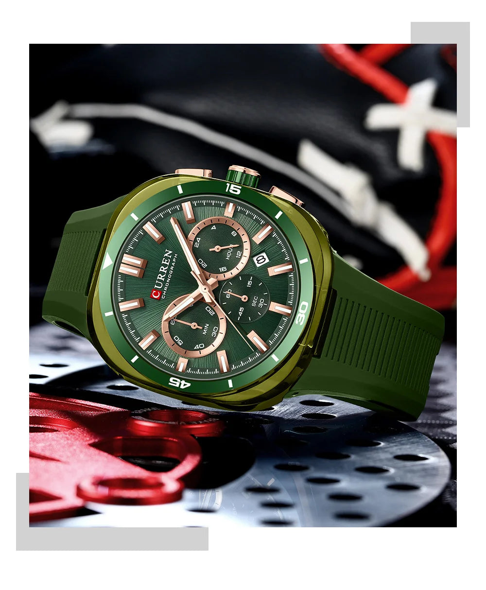 Orologio da uomo CURREN – Nuovo modello di lusso al quarzo, cinturino in silicone, stile sportivo, multifunzione, impermeabile, luminescente, con datario e cronometro.
