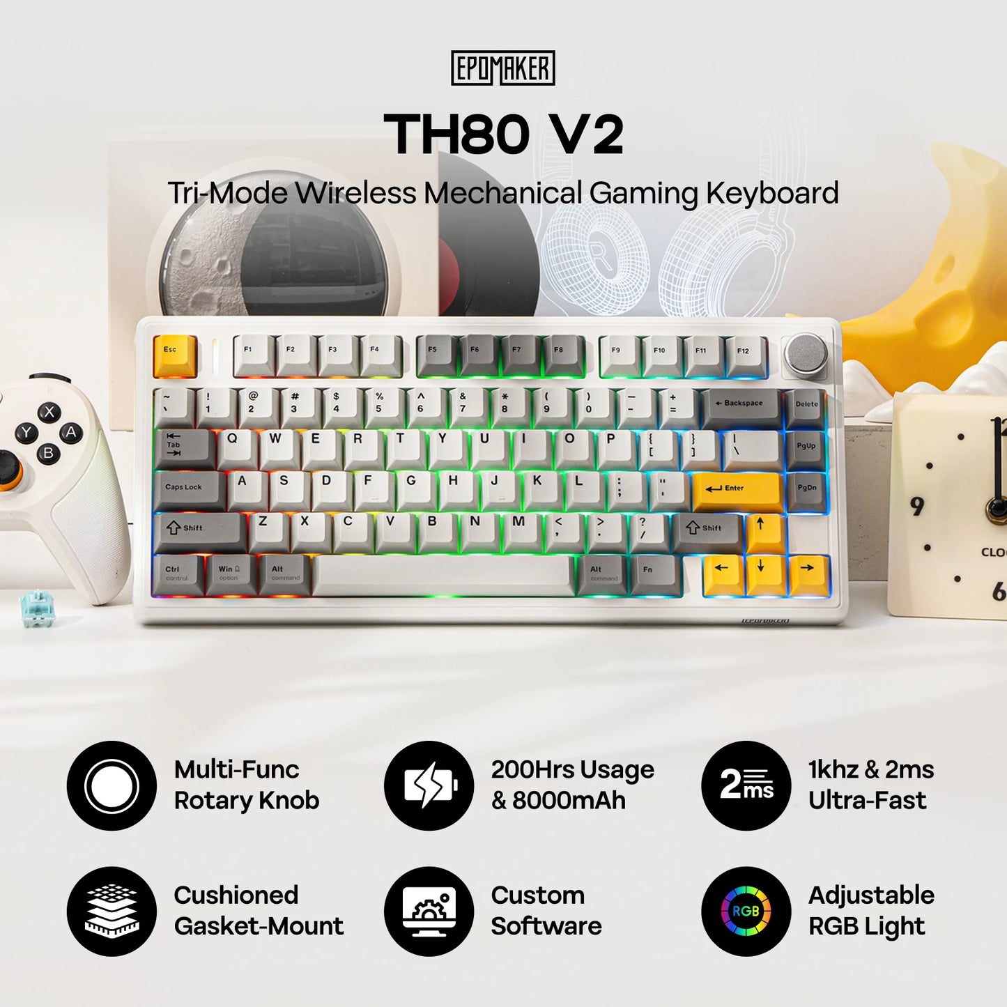 EPOMAKER TH80 V2 75% ANSI US Layout Gasket Tri-mode Wireless Mechanical Gaming Keyboard with 8000mAh Battey & RGB Backlight