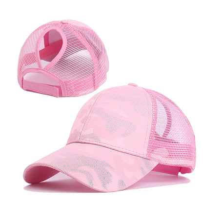 2023 Women Summer Ponytail Baseball Cap Cotton Camouflage Print Mesh Hat Adjustable Sports Golf Hat Girl Outdoor Casual Sun Hat