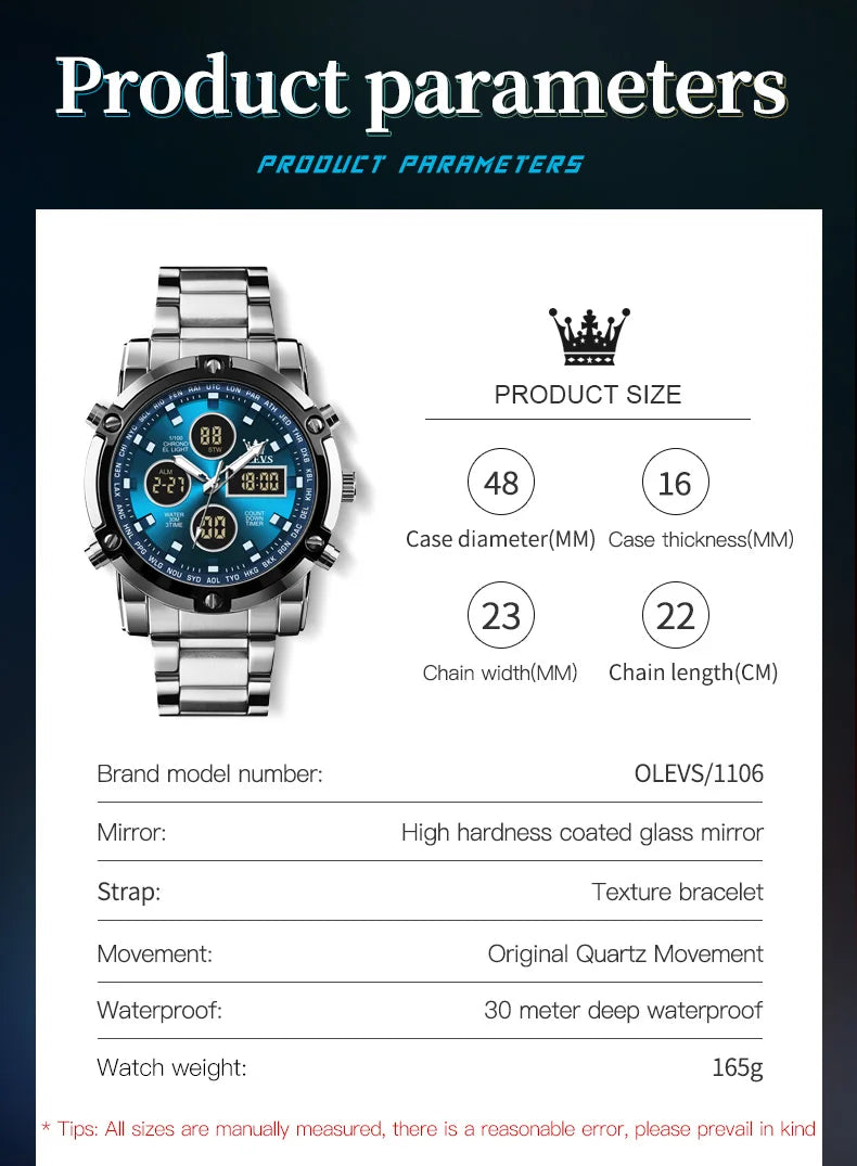 OLEVS Men's Watches Original Multifunctional Wlectronic Watch for Man Waterproof Luminous Alarm Clock Fashion Dress