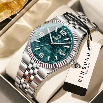 Luxus-Quarz-Armbanduhr von BINBOND, beleuchtet, wasserdicht, mit automatischem Datumsanzeige, für Herren, aus Edelstahl, im Business-, Sport-, Mode- und Freizeit-Stil.