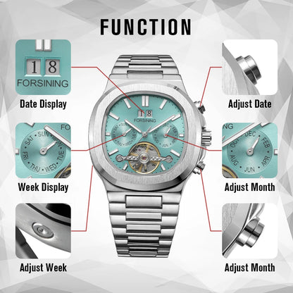 Forsining 481 Man New Tourbillon  Brands Watch Week Date Automatic Movement Mechanical Watches Stainless Steel Waterproof Clock