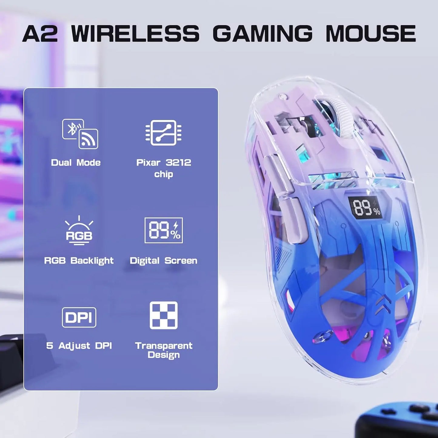 Mouse de gaming wireless transparent A2, BT 5.0/2.4G pentru PC, reîncărcabil, RGB, cu ecran digital, PixArt 3212, 5 niveluri DPI ajustabile