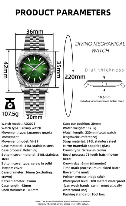 ADDIESDIVE New Men's Watch AD2073 Sapphire Glass 36mm VH31 Sunburst Quartz Watches 10Bar Waterproof Diving Luminous Wristwatch