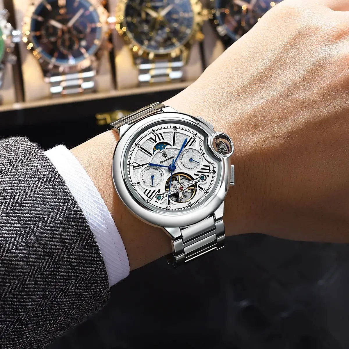 POEDAGAR Herrenuhr im luxuriösen und professionellen Stil, mit Datums- und Wochentagsanzeige, Tourbillon, Edelstahlgehäuse, mechanischem Automatikwerk und Wasserdichtigkeit.