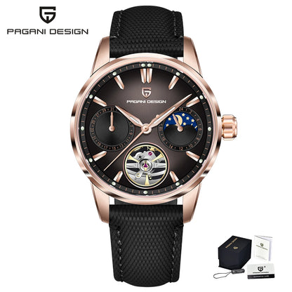 PAGANI DESIGN – Relógio mecânico de luxo para homem, 41 mm, vidro de safira, bracelete em pele, estanque, estilo piloto, com turbilhão e fase lunar