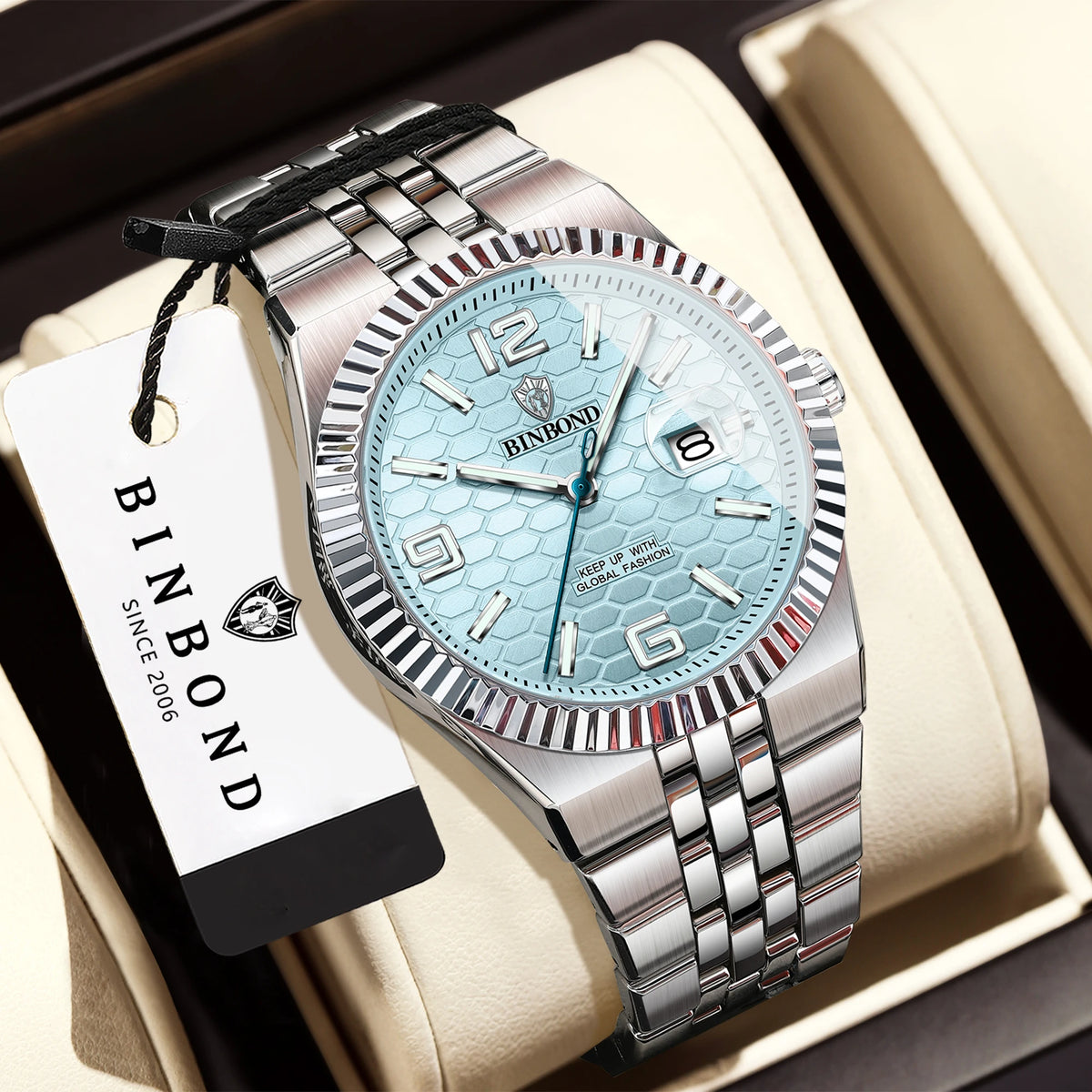 Luxus-Quarz-Armbanduhr von BINBOND, beleuchtet, wasserdicht, mit automatischem Datumsanzeige, für Herren, aus Edelstahl, im Business-, Sport-, Mode- und Freizeit-Stil.