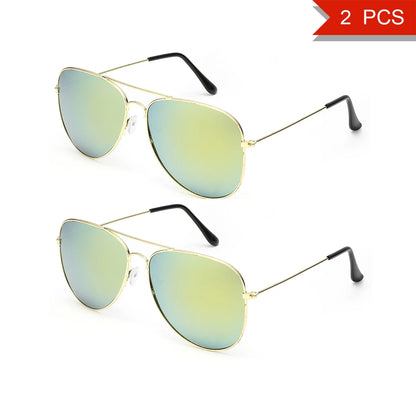 2 PCS Classic Aviator Sunglasses Gold Metal Frame UV100 Protection Trendy Eyewear For Men Women Daily Driving Outdoor Activities