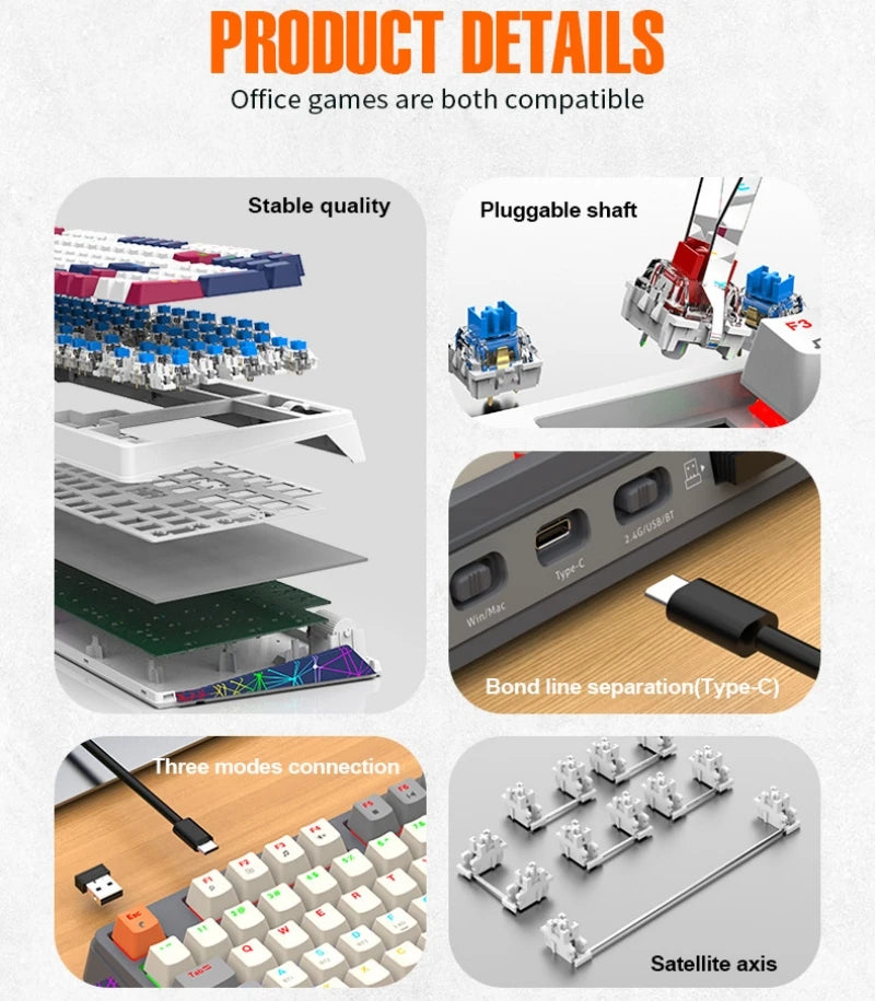 Wireless Mechanical Keyboard 96 Keys 100% Layout Spanish Russian Korean Arabic Mechanical Keyboard Bluetooth RGB K95 2000mAh