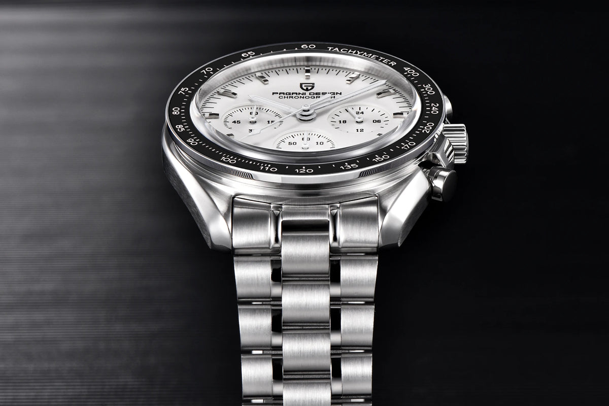 Reloj para hombre PAGANI DESIGN «New Moon» – Reloj de cuarzo de lujo, cronógrafo, cristal de zafiro con tratamiento antirreflectante, bisel de cerámica, agujas luminiscentes