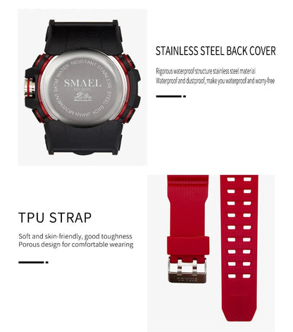 SMAEL 8075 Men's Analog Digital Dual Display Sport Watch - 50M Waterproof LED Backlight Dual Time Alarm Chronograph Stopwatch