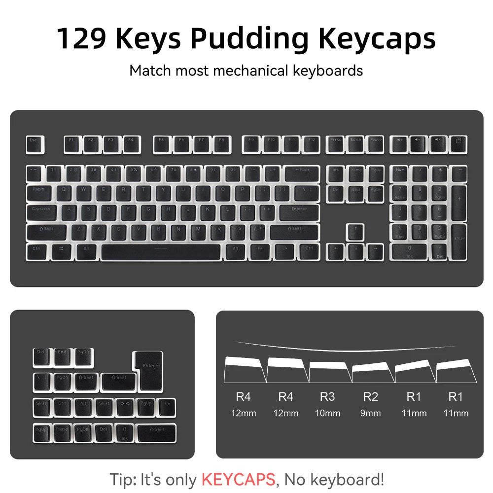 Pudding PBT Keycaps 129 Keys Double Shot Translucent for 60% 80% 100% Layout OEM Profile for RGB Mechanical Gaming Keyboard