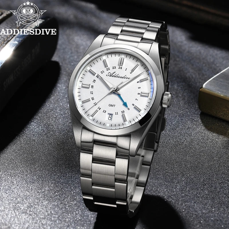 ADDIESDIVE 36mm Men's Analog Watch GMT 515-24H Watch BGW9 Luminous 100m Waterproof Stainless Steel Men's Quartz Watches AD2065