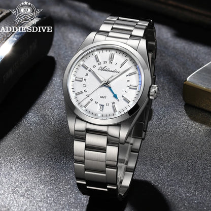 ADDIESDIVE 36mm Men's Analog Watch GMT 515-24H Watch BGW9 Luminous 100m Waterproof Stainless Steel Men's Quartz Watches AD2065