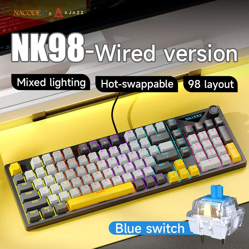 AJAZZ NK98 Wired Mechanical Keyboard: Full-Key Hot-Swap, 98-Key Layout for Precise Performance; Wired, Stable Control, Multi-System Compatibility; Windows Vista/XP/7/8/10/17, Mac: Wired connection for stable control and low l