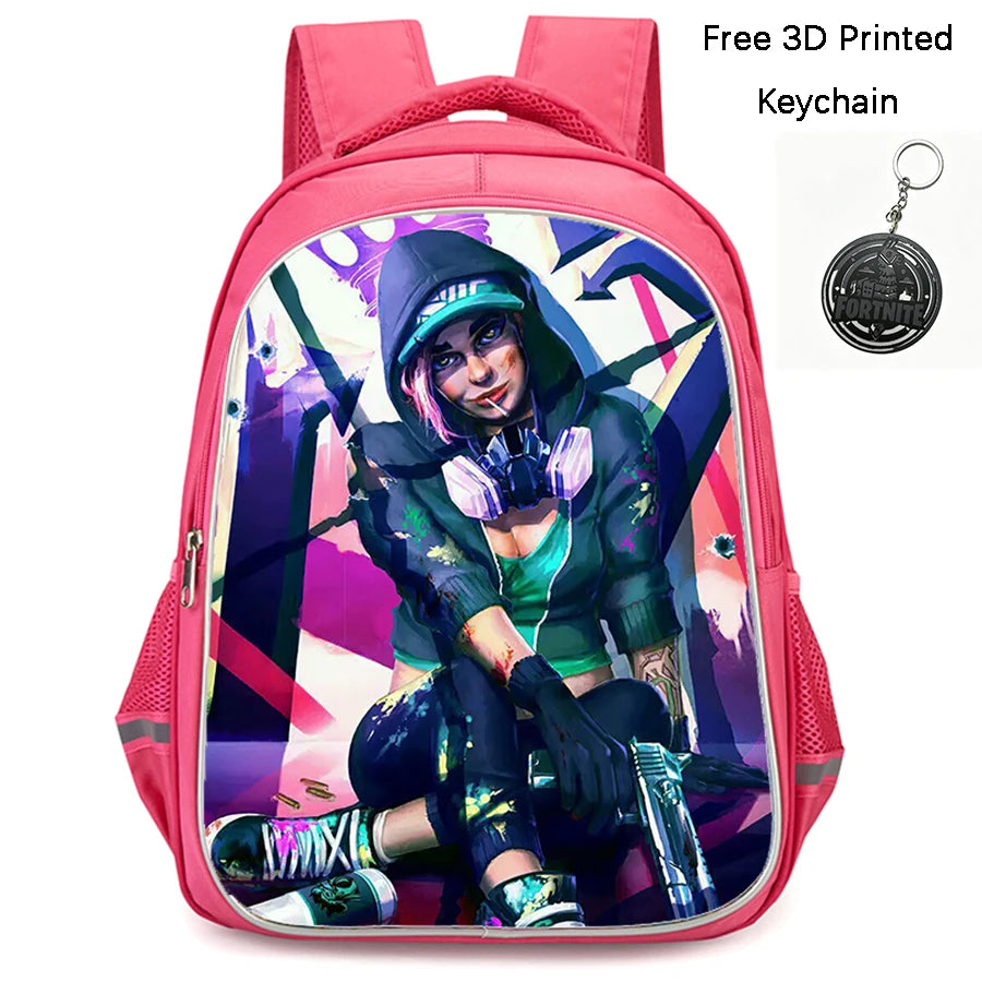 FORTNITE 16-inch Durable Lightweight Backpack, Dual Zipper Pockets, Cartoon Style for Boys & Girls 6-10,Free 3D Printed Keychain