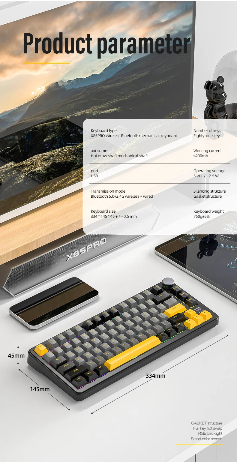 ATTACK SHARK X85/X85Pro Wireless Mechanical Keyboard 75% 82 Keys Tri-Mode Bluetooth Wird RGB Hot Swap Gasket Knob Large battery