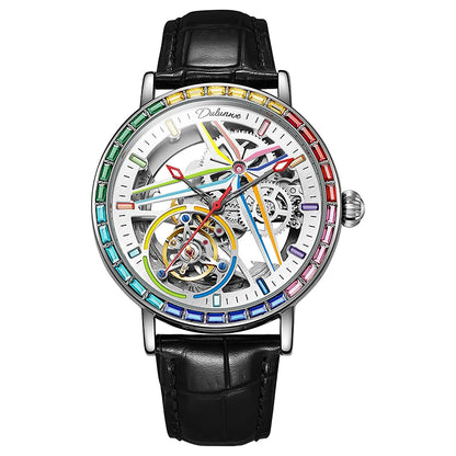 Pánské skeletové hodinky v módním stylu, zdobené drahokamy v barvách duhy, vybavené tourbillonem; luxusní mechanické hodinky s automatickým nátahem, vodotěsné do hloubky 30 metrů.