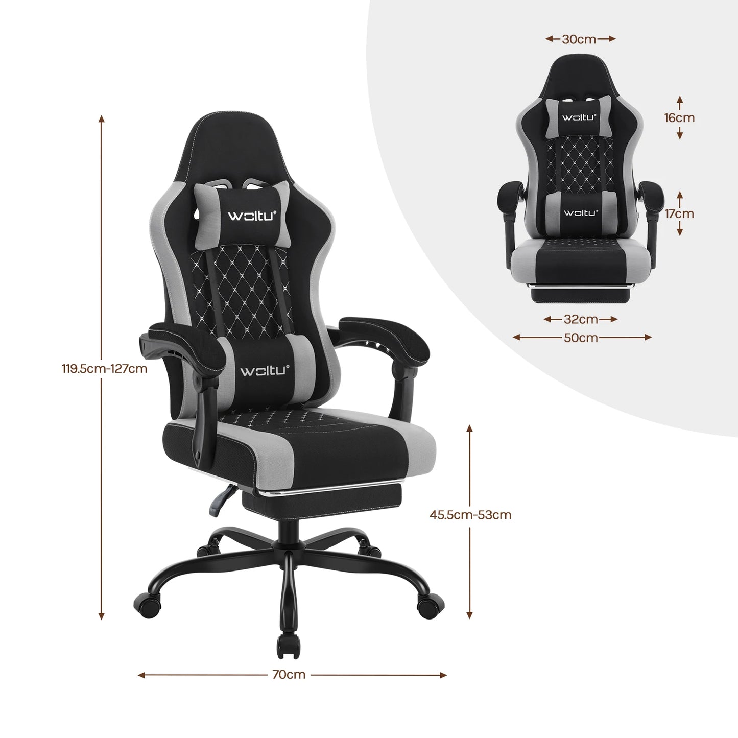WOLTU snurrbar datorstol med massagefunktion, ergonomisk kontorsstol med kudde och fotstöd, höjdjusterbar gamingstol