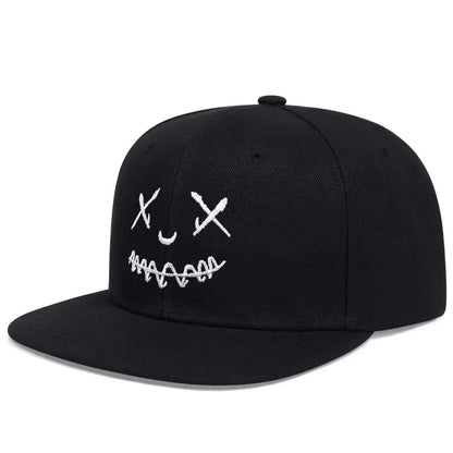 Wide-Brim Baseball Cap 100% Cotton, UV Protection Adjustable with Grin Embroidery & Face Slimming Design