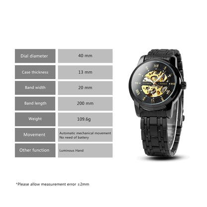 WINNER Classic Mechanical Watches Luxury Diamond Dial Black Gold Skeleton Automatic Mens Watch Stainless Steel Strap Wristwatch