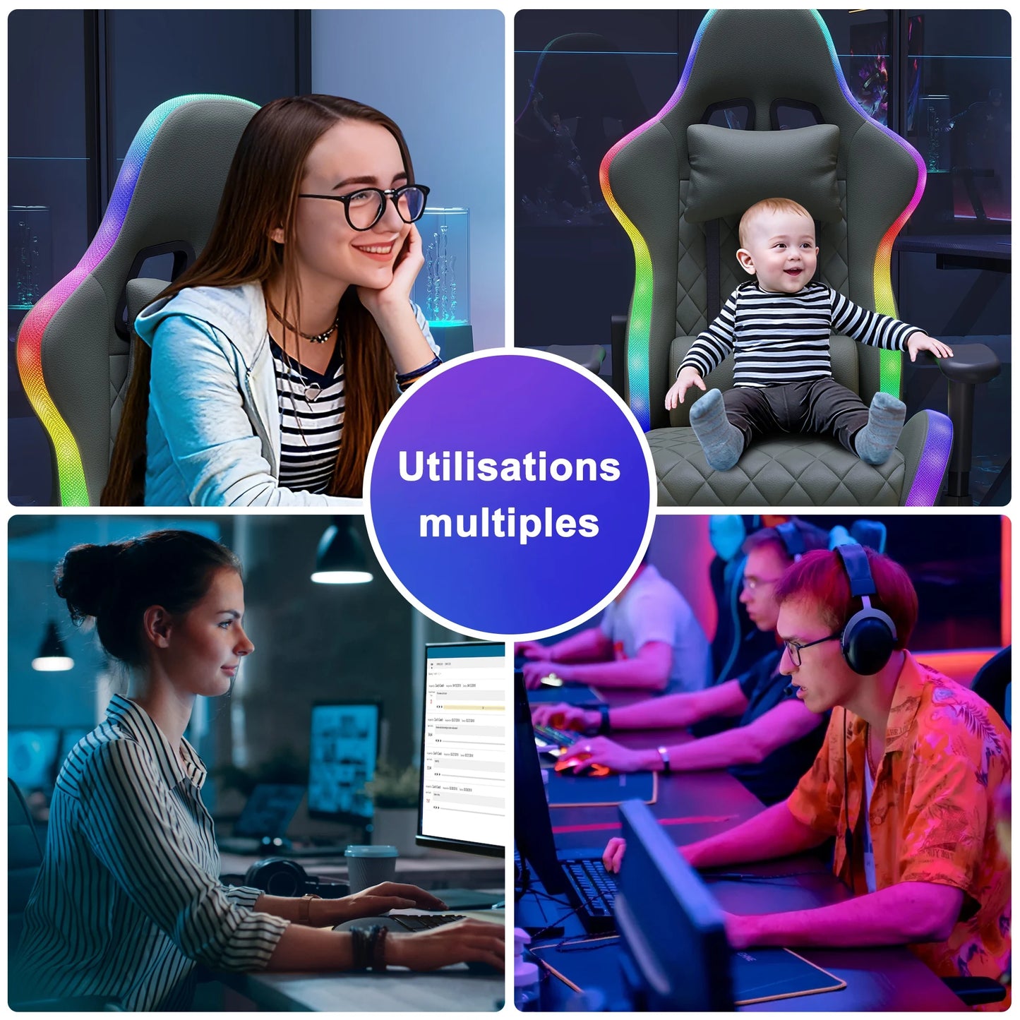 Ergonomic Office Chair with Lumbar Massage, RGB LED Lighting, Reclining Backrest, Adjustable Armrests Gaming Desk Chair for Home Office