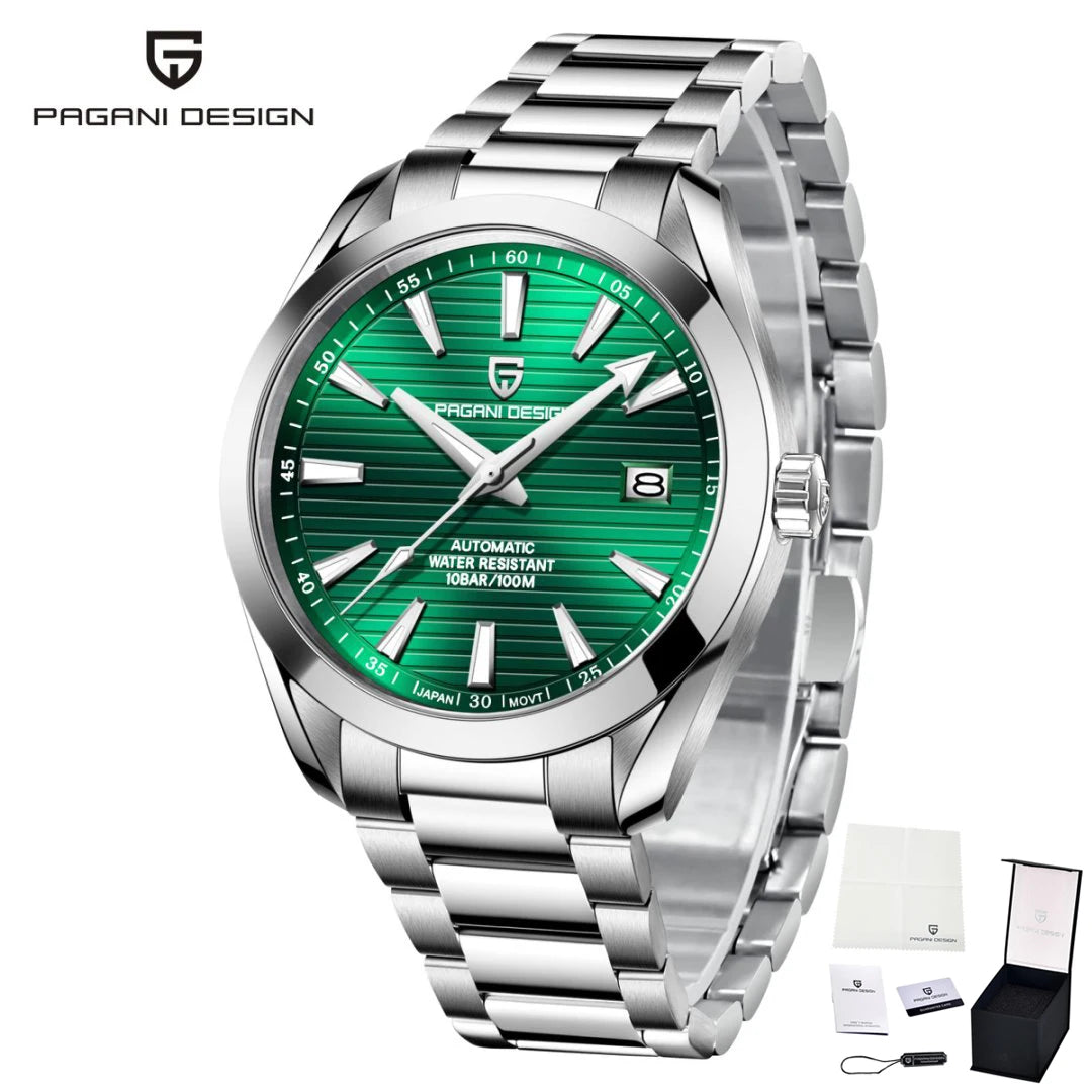 PAGANI DESIGN luxury men’s watch – Mechanical automatic model (calibre 8215), stainless steel, water-resistant, with date display and luminescent hands