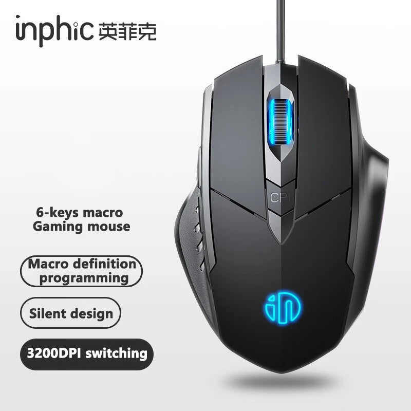 Káblová myš Inphic W1 Esports Gaming Mouse s programovateľnými makrami, nastaviteľným DPI a tichým chodom do kancelárie