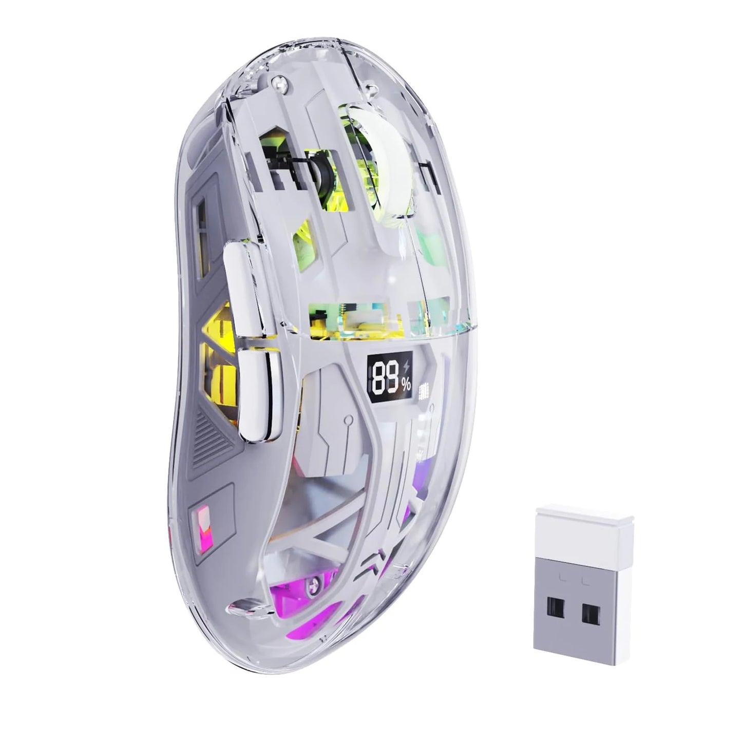 Mouse de gaming wireless transparent A2, BT 5.0/2.4G pentru PC, reîncărcabil, RGB, cu ecran digital, PixArt 3212, 5 niveluri DPI ajustabile