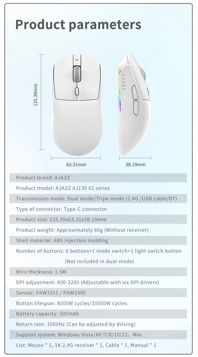 Mouse wireless AJAZZ AJ139Pro/AJ139V2MC con chipset PMW3395/PAW3311, 12000-26000Dpi, mouse da gaming professionale