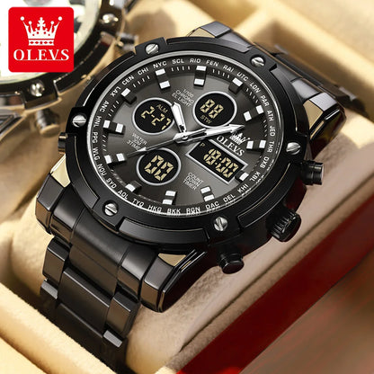 OLEVS Men’s Watch – Water-resistant stainless steel quartz wristwatch with LED display – Sporty and trendy style (model 1106)