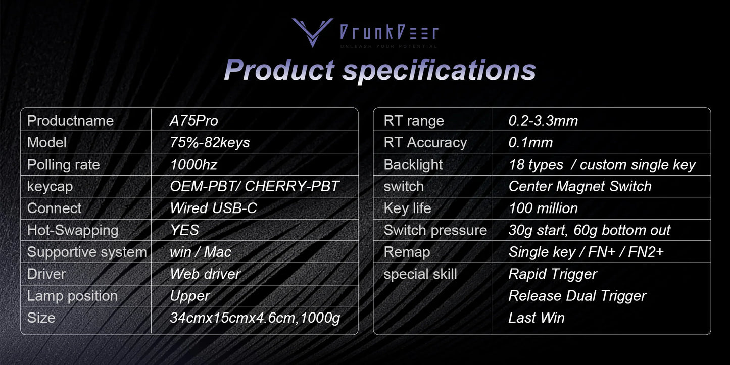 DrunkDeer A75 Pro HE Magnetic Switch Gaming Keyboard Rapid Trigger Wired RGB Mechanical Keyboard Hot-Swap Gasket Mount
